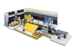 Ludziki Lego pracują w magazynie z taśmą produkcyjną i paczkami do wysyłki.