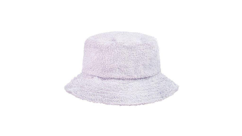 Pastelowy kapelusz z frotte, odcienie jasnego fioletu.