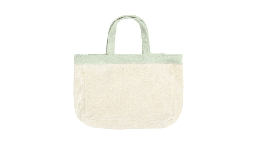Torba duża frotte, beżowa z zielonymi końcami oraz uchem frotte.