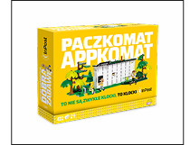 Żółte pudełko z zestawem klocków, przedstawiające biały paczkomat wraz z figurkami drzew i postaci