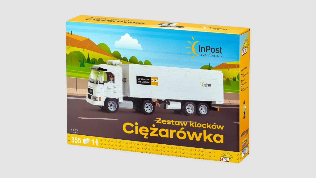 Opakowanie zestawu klocków ciężarówki InPost, 355 elementów, jedna figurka.