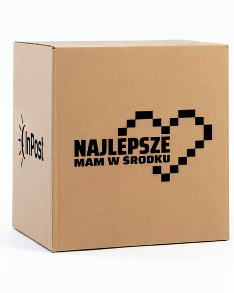 Pudełko kartonowe rozmiar C1 z logotypem InPost oraz z sercem i napisem "najlepsze mam w środku"