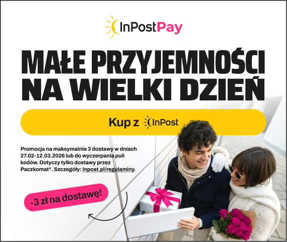 Grafika z hasłem ‚Małe przyjemności na wielki dzień’ informująca o zniżce 3 zł na dostawę przy wyborze maszyny Paczkomat jako forme dostawy. Ważna do 12.03.2026r."