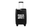 Czarna walizka na kółkach z napisem "PACK YOURSELF INTO" i ikoną maszyny Paczkomat,